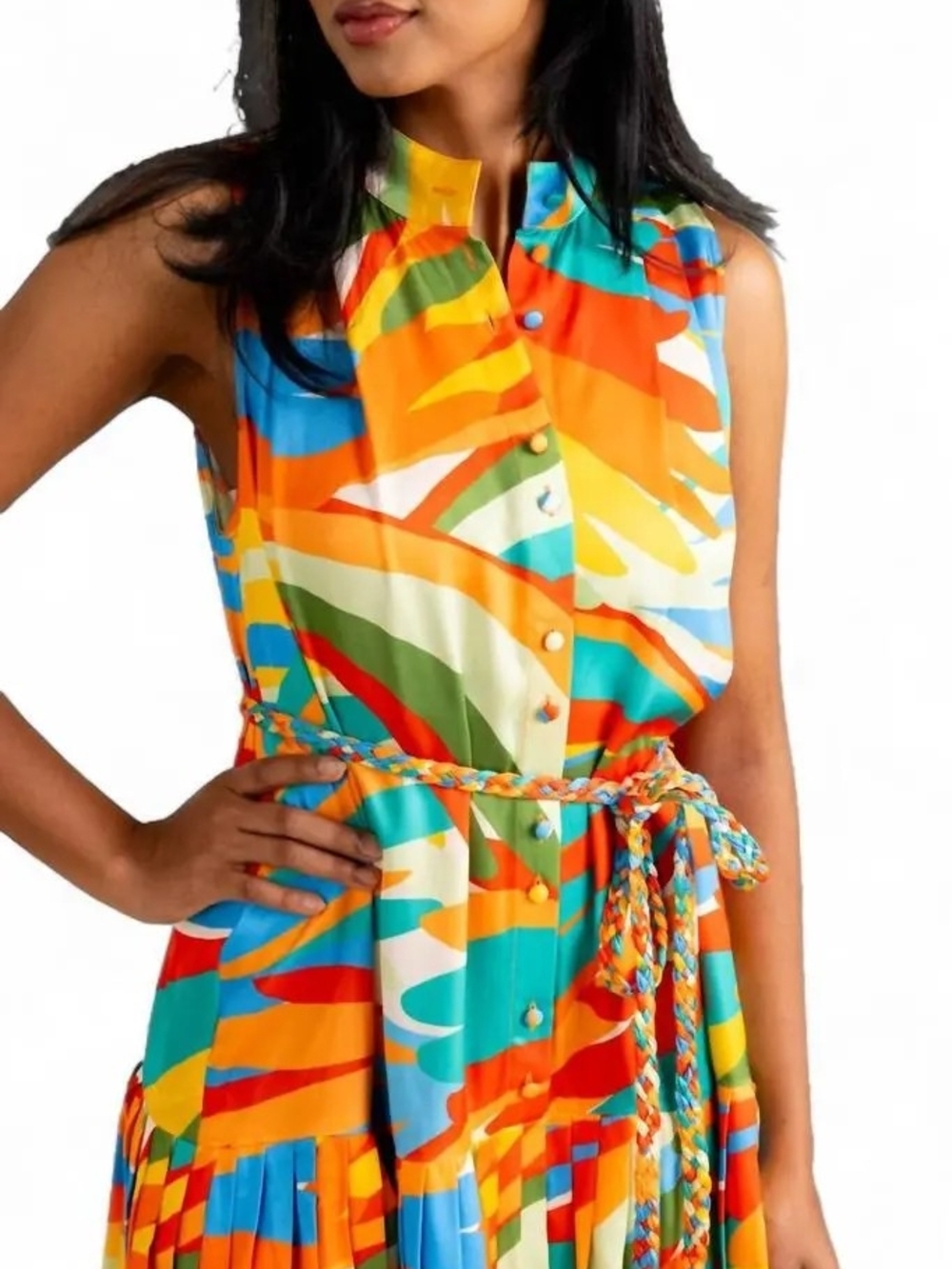 Alden Aldair Vibrant Multicolor Sleeveless Midi Dress with Braided Belt